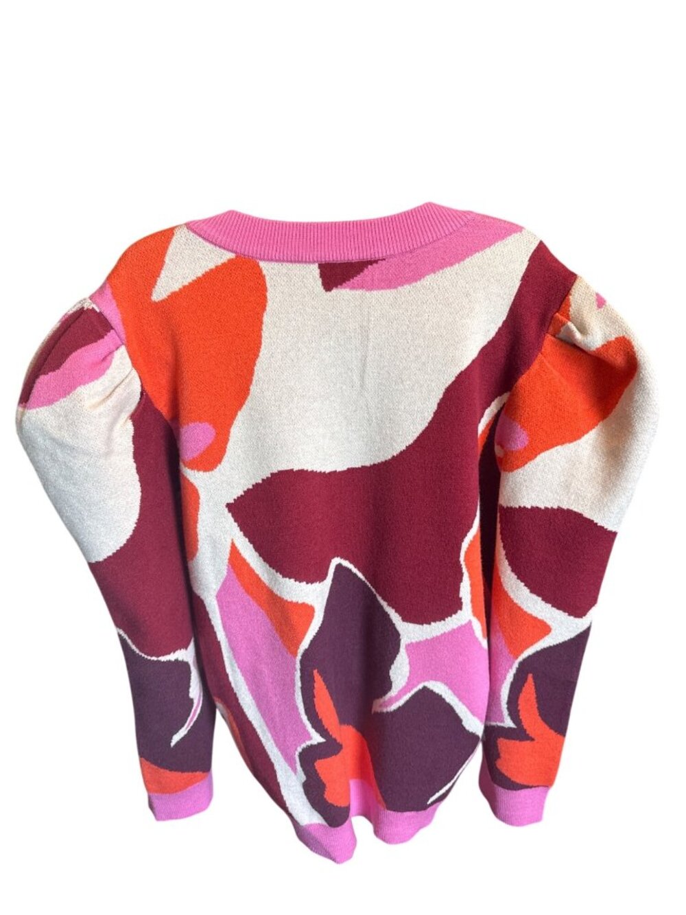 Crosby By Mollie Burch L Abstract Floral Puff Sleeve V Neck Knit Sweater Preppy - Picture 5 of 12
